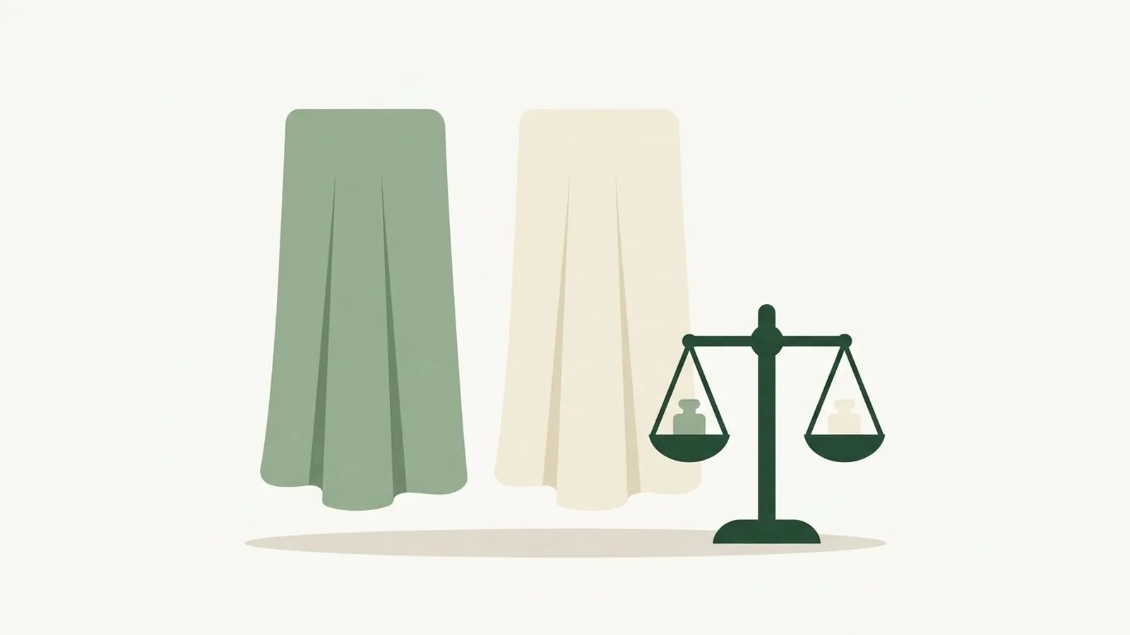 Flat editorial illustration of two fabric drapes side by side with a small balance scale in forest green, sage and cream, for the guide App or Consultant? How to Choose the Right Color Analysis Method