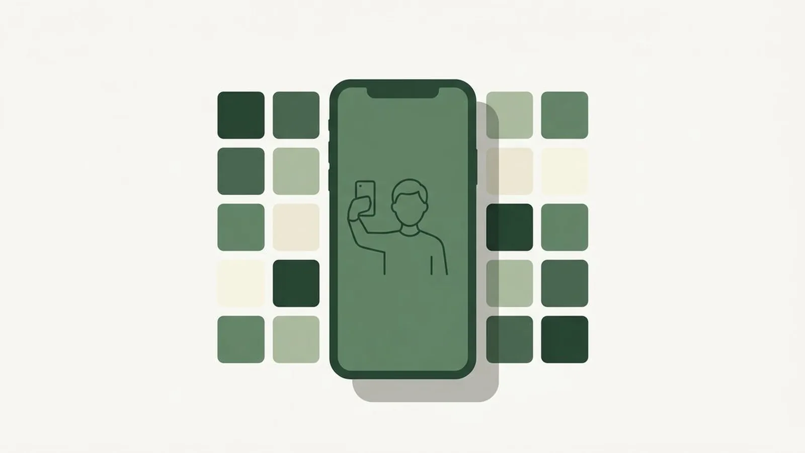Flat editorial illustration of a smartphone with a selfie outline and colour chips in forest green, sage and cream, for the guide Color Analysis App vs TikTok Filter