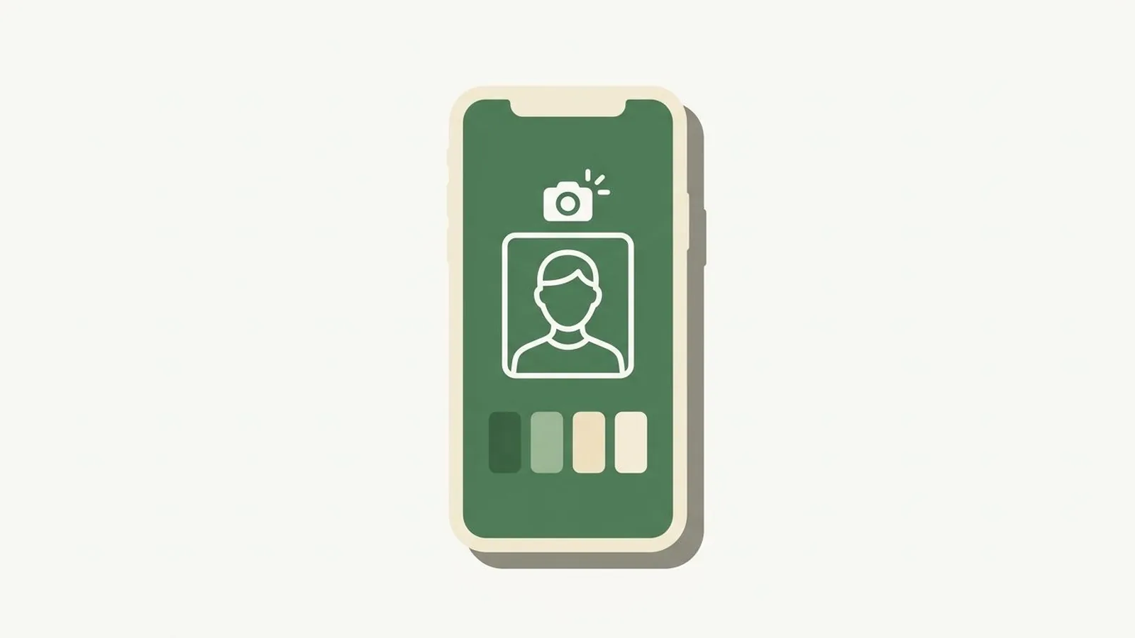 Flat editorial illustration of a paint swatch fan beside a hand mirror in forest green, sage and cream, for the guide How to Do Color Analysis at Home With Just Your Phone Camera