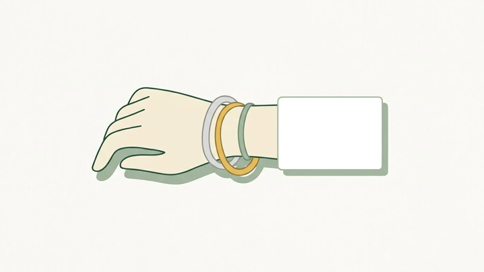 Flat editorial illustration of a wrist wearing a silver and a gold bangle beside a white card in forest green, sage and cream, for the guide Color Analysis for Deep and Dark Skin: Why Most Guides Get It Wrong