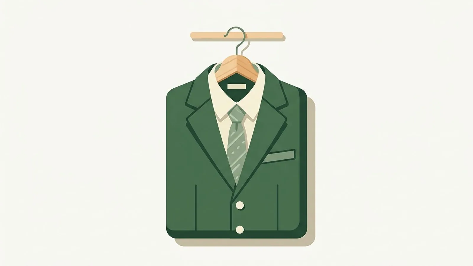 Flat editorial illustration of a folded suit jacket, shirt and tie on a wooden hanger in forest green, sage and cream, for the guide Color Analysis for Men: Your Guide to Looking Sharp in the Right Shades