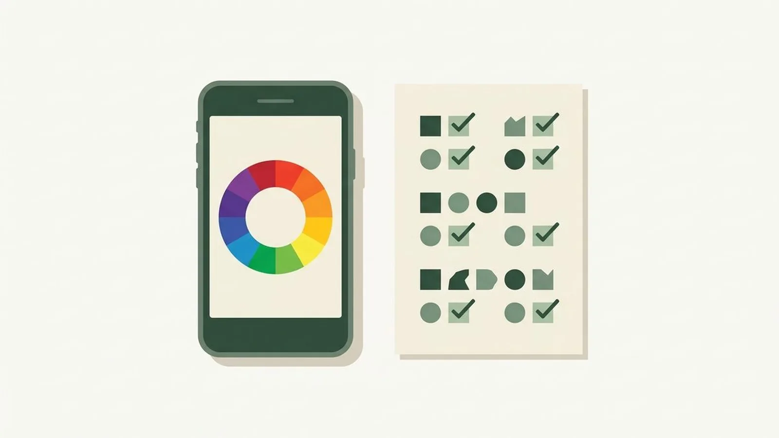 Flat editorial illustration of a smartphone showing a colour wheel next to a paper quiz sheet in forest green, sage and cream, for the guide Free Color Analysis Quiz: 6 Questions