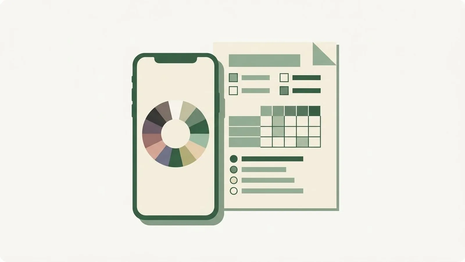 Flat editorial illustration of a smartphone showing a colour wheel next to a paper quiz sheet in forest green, sage and cream, for the guide Color Analysis Tools: Quiz, Photo, Draping