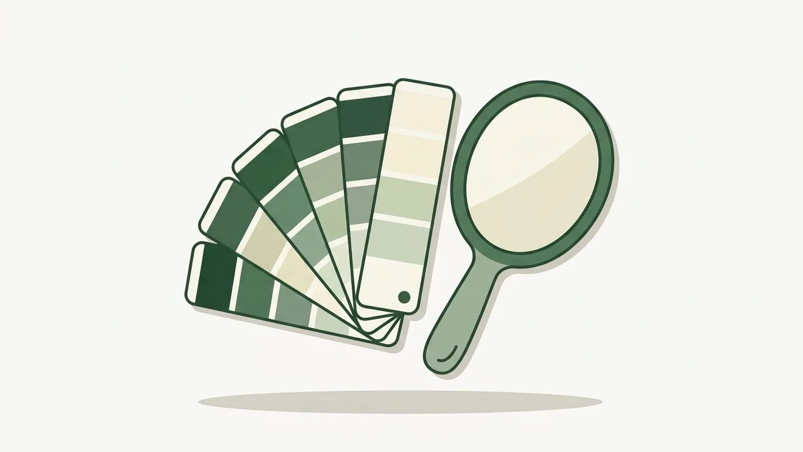 Flat editorial illustration of a paint swatch fan beside a hand mirror in forest green, sage and cream, for the guide Why Your Color Season Looks Different in Every Light