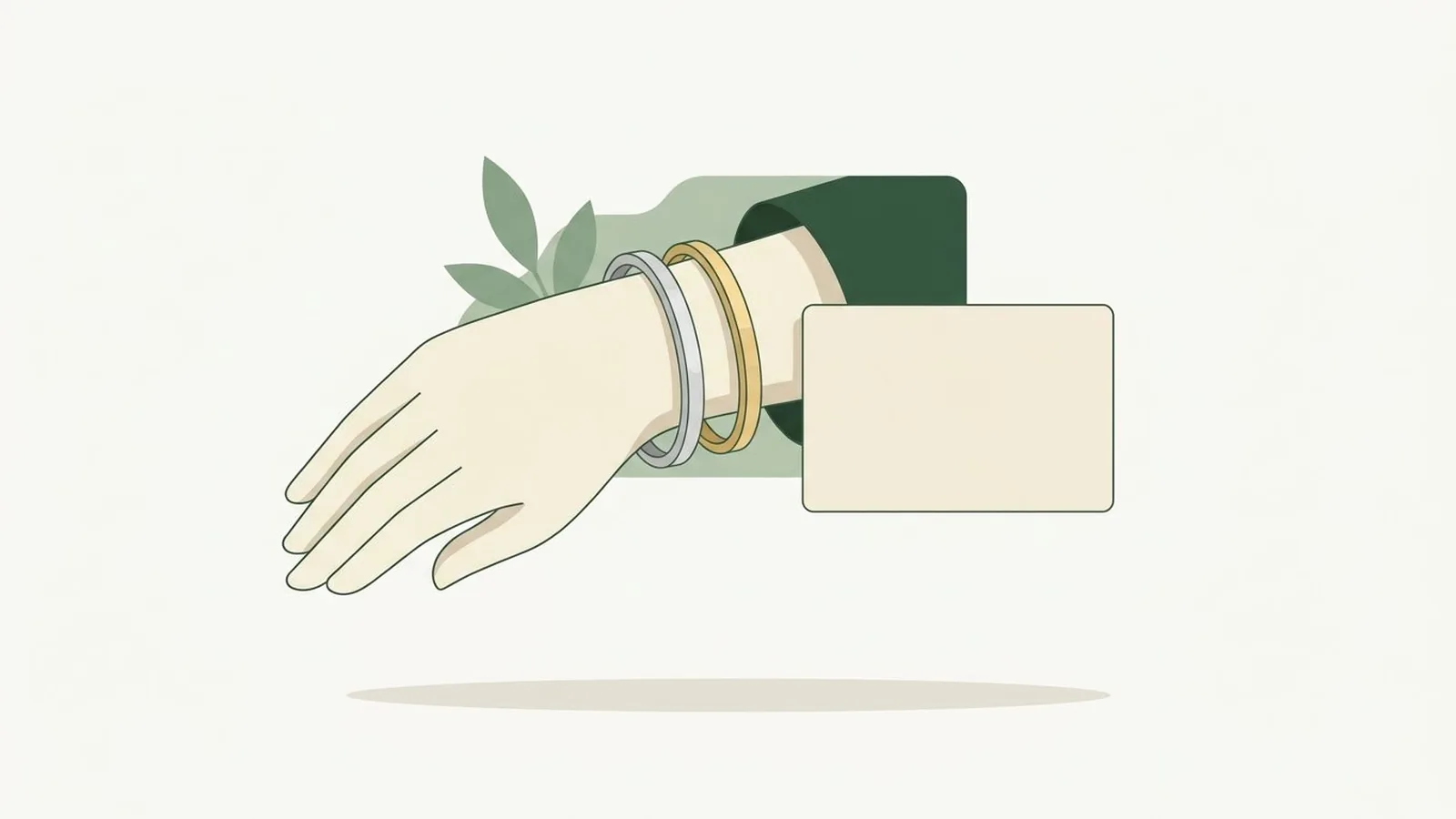 Flat editorial illustration of a wrist wearing a silver and a gold bangle beside a white card in forest green, sage and cream, for the guide Colors That Wash You Out: Why It Happens and How to Fix It