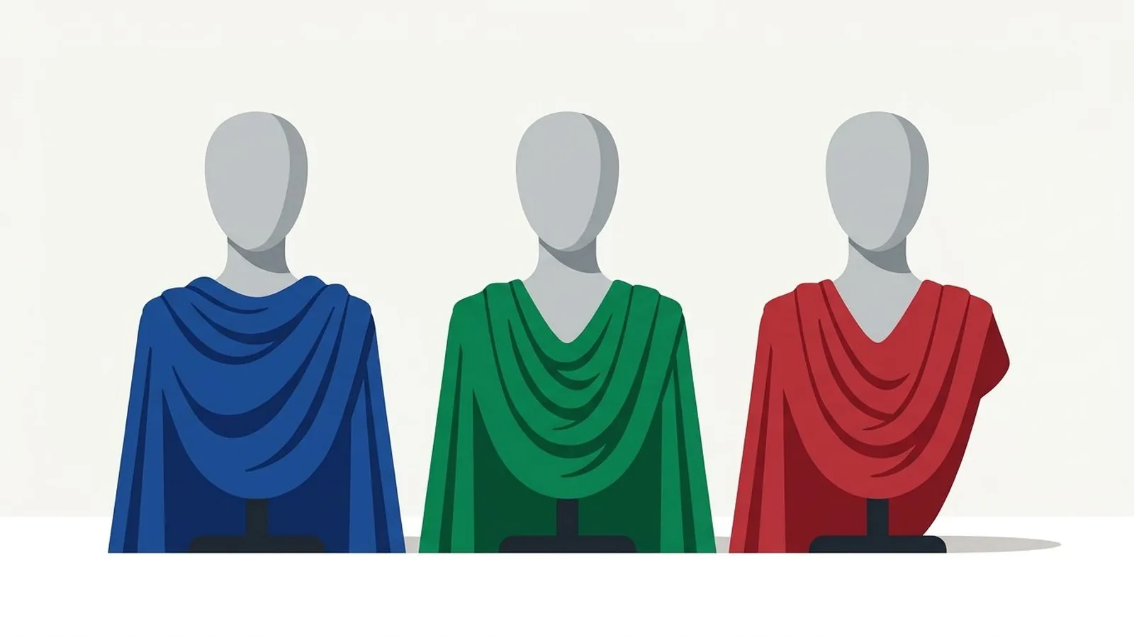 Flat editorial illustration of three faceless mannequin busts wearing draped fabric in sapphire, emerald, ruby, black and icy pink, for the guide Cool Winter Celebrities: Who Has This Striking Color Season?