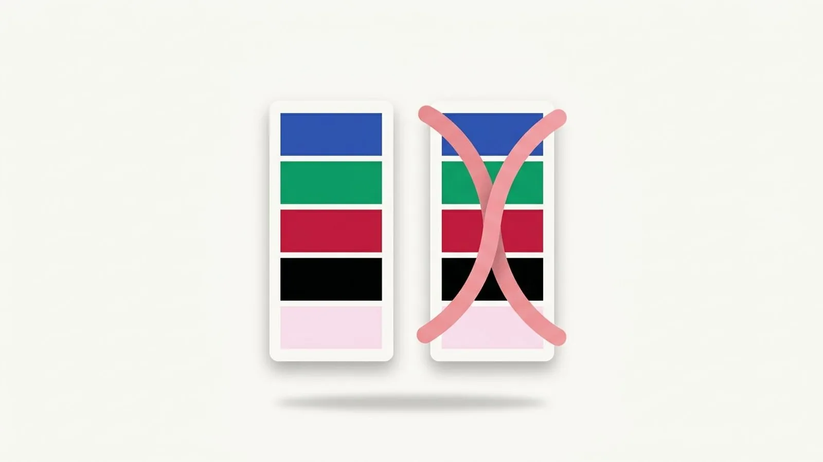 Flat editorial illustration of two fabric swatches, one crossed with a soft ribbon in sapphire, emerald, ruby, black and icy pink, for the guide Colors Cool Winters Should Avoid (and What to Wear Instead)