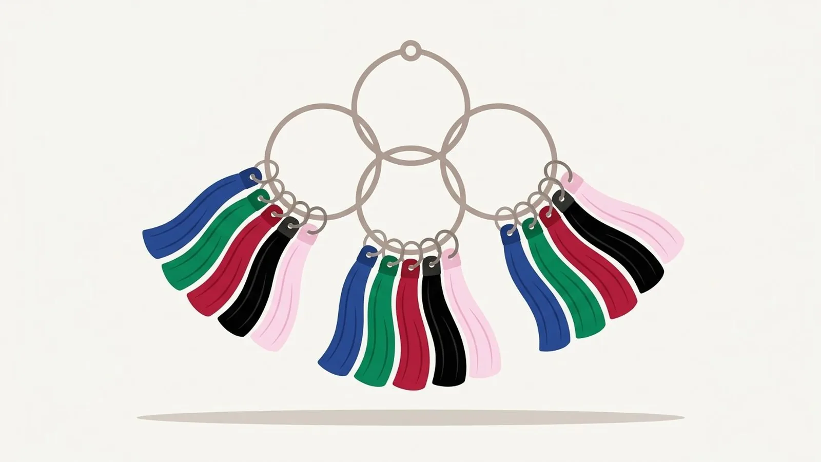 Flat editorial illustration of three hair swatch rings on a loop in sapphire, emerald, ruby, black and icy pink, for the guide Cool Winter Hair Colors: The Best Shades for Cool Winter Coloring