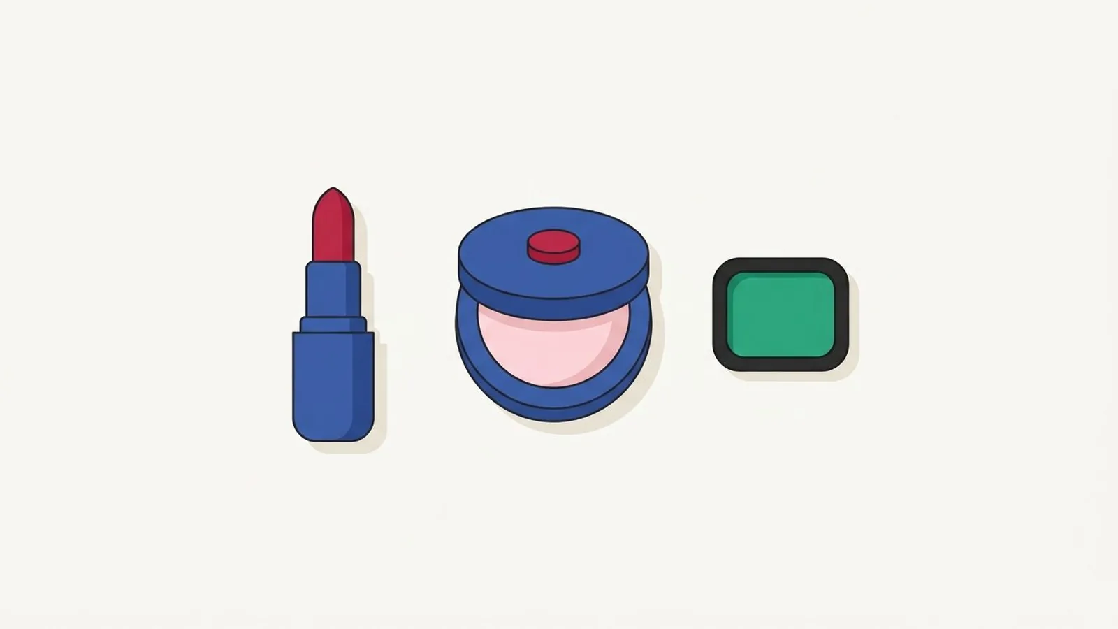 Flat editorial illustration of a lipstick, a blush compact and an eyeshadow pan in sapphire, emerald, ruby, black and icy pink, for the guide Cool Winter Makeup Guide: The Exact Shades That Flatter You