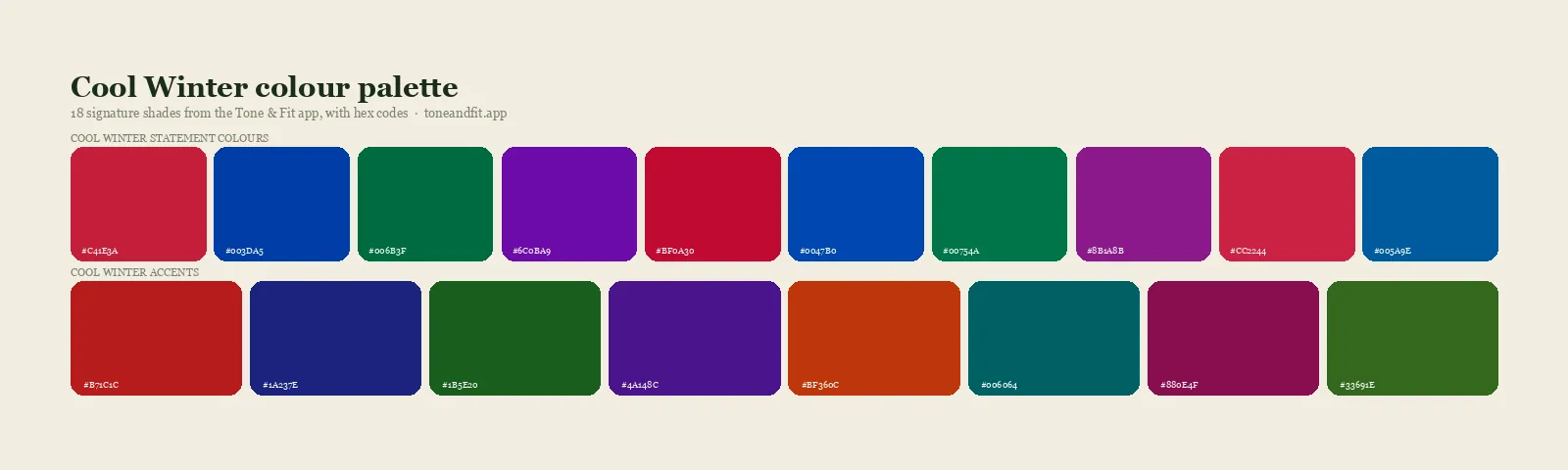 Cool Winter colour palette strip: ten statement shades and eight accents from the Tone & Fit app, with hex codes