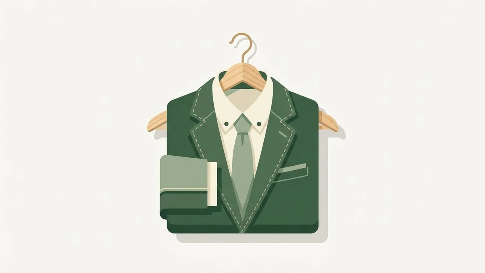 Flat editorial illustration of a folded suit jacket, shirt and tie on a wooden hanger in sapphire, emerald, ruby, black and icy pink, for the guide Cool Winter Men: Suit and Shirt Colors