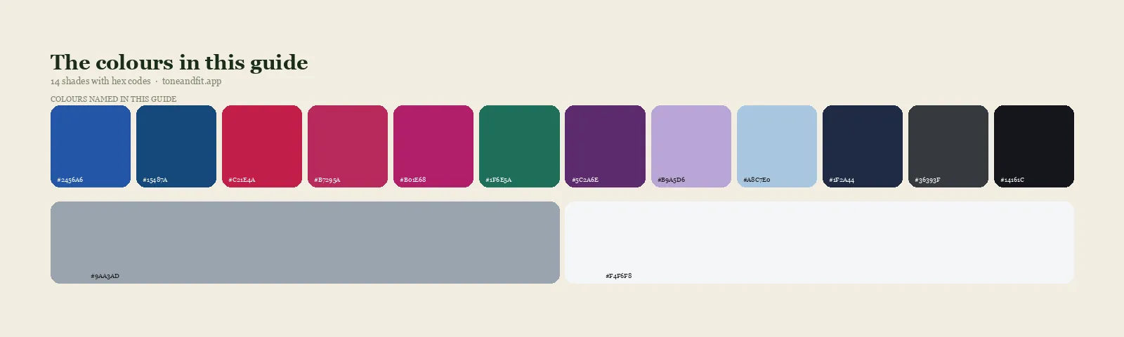 Swatch strip of the 14 colours named in this guide, with hex codes, starting with Cobalt, Sapphire, Blue-Red, Cool Raspberry