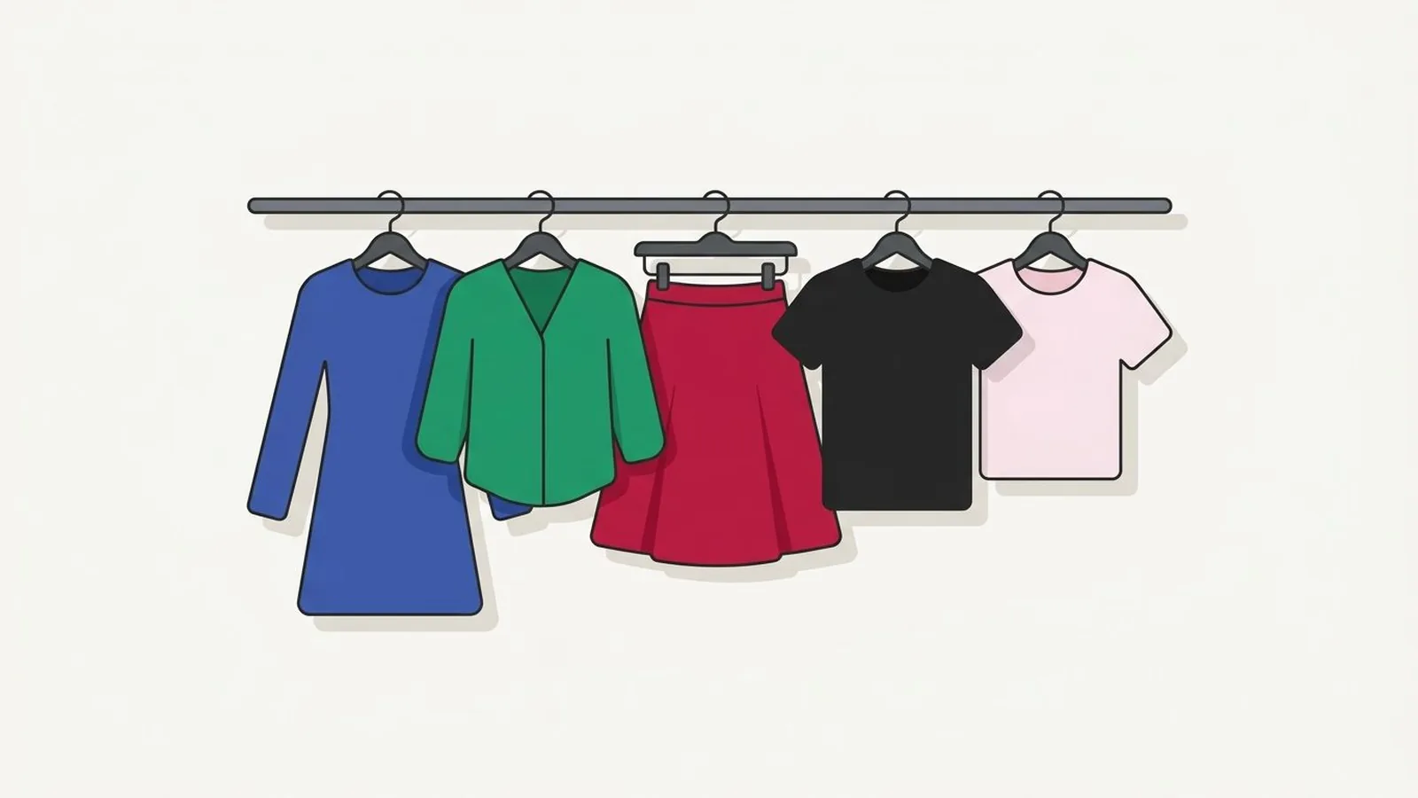 Flat editorial illustration of a hanging rail with five garments in sapphire, emerald, ruby, black and icy pink, for the guide Cool Winter Outfit Ideas: How to Build a Wardrobe Around Your Palette