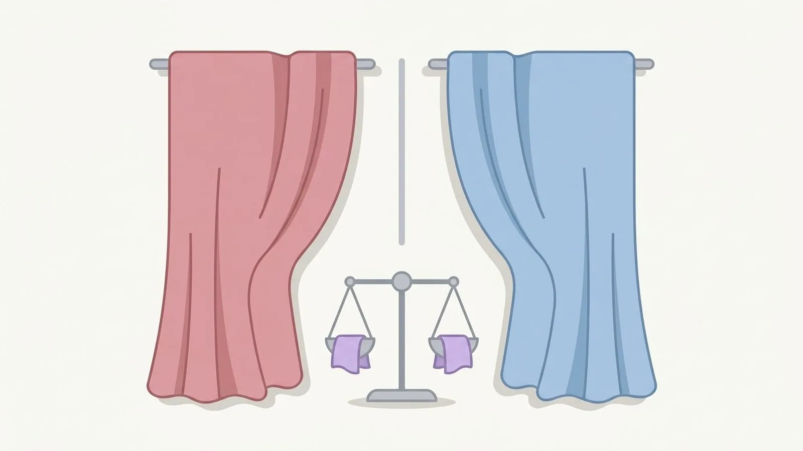 Flat editorial illustration of two fabric drapes side by side with a small balance scale in dusty rose, powder blue, lavender and soft grey, for the guide Cool Winter or Cool Summer? How to Tell Which Cool Season You Are