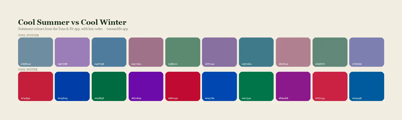 Cool Summer versus Cool Winter colour palettes side by side: ten statement shades of each from the Tone & Fit app, with hex codes