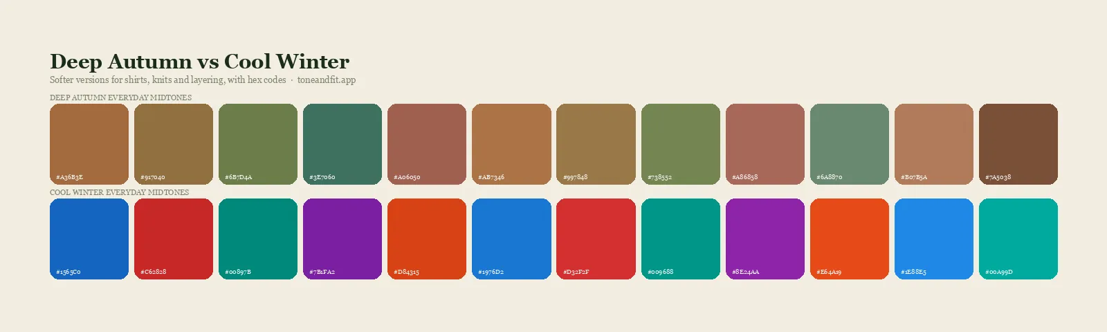 Deep Autumn versus Cool Winter colour palettes side by side: ten everyday midtones of each from the Tone & Fit app, with hex codes