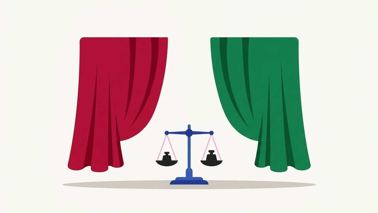 Flat editorial illustration of two fabric drapes side by side with a small balance scale in sapphire, emerald, ruby, black and icy pink, for the guide Cool Winter or Deep Winter? How to Tell Which One You Are