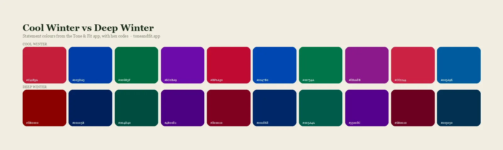 Cool Winter versus Deep Winter colour palettes side by side: ten statement shades of each from the Tone & Fit app, with hex codes