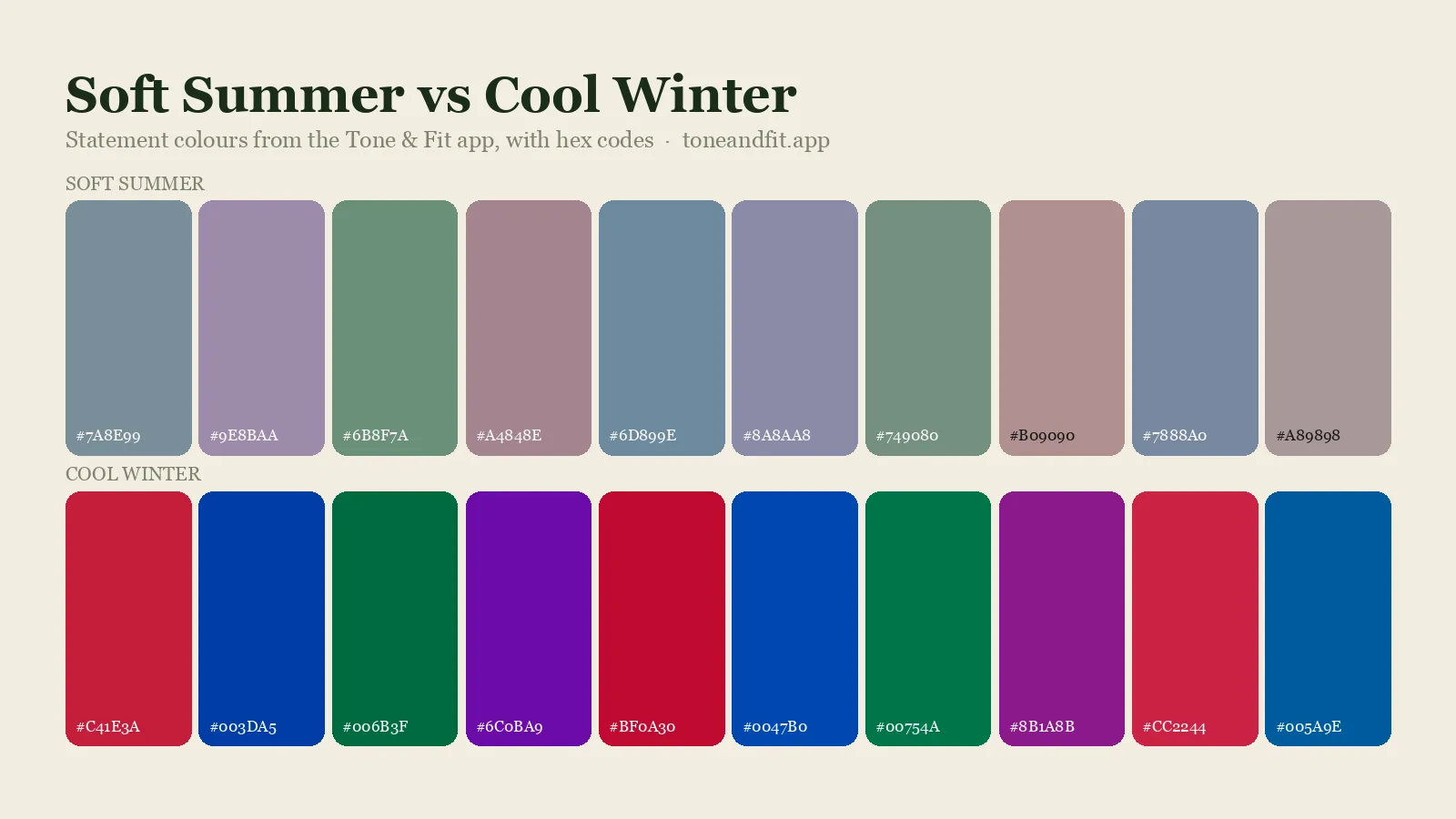 Soft Summer versus Cool Winter colour palettes side by side: ten statement shades of each from the Tone & Fit app, with hex codes