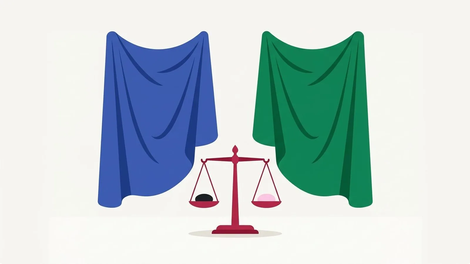 Flat editorial illustration of two fabric drapes side by side with a small balance scale in sapphire, emerald, ruby, black and icy pink, for the guide Cool Winter vs True Winter: Not the Same Season. Here Is the Difference, Side by Side