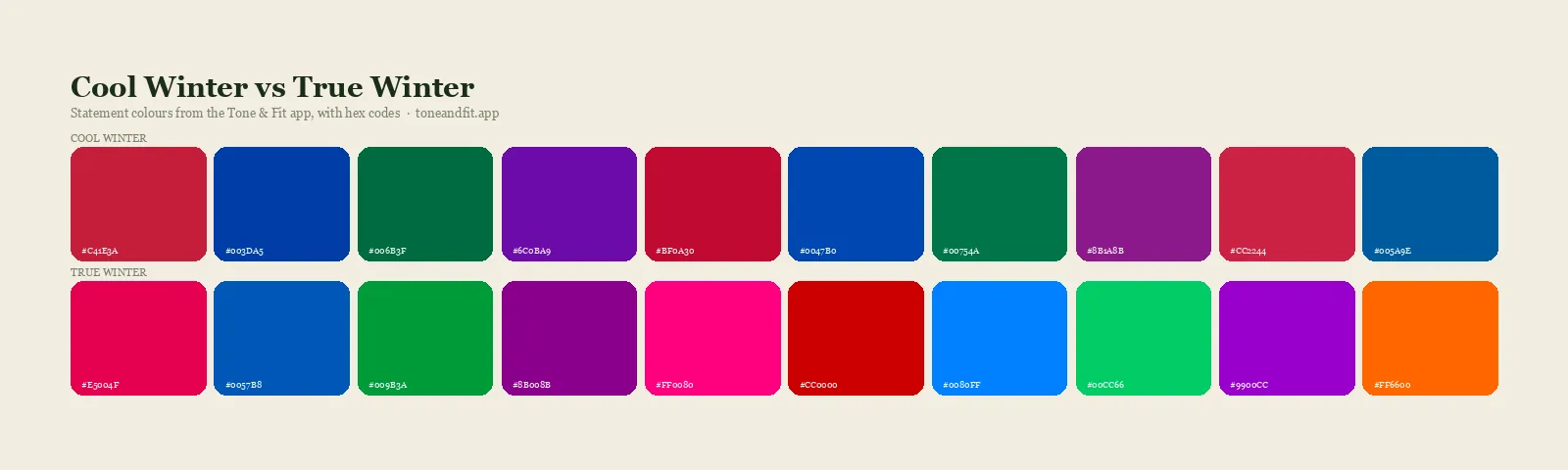 Cool Winter versus True Winter colour palettes side by side: ten statement shades of each from the Tone & Fit app, with hex codes