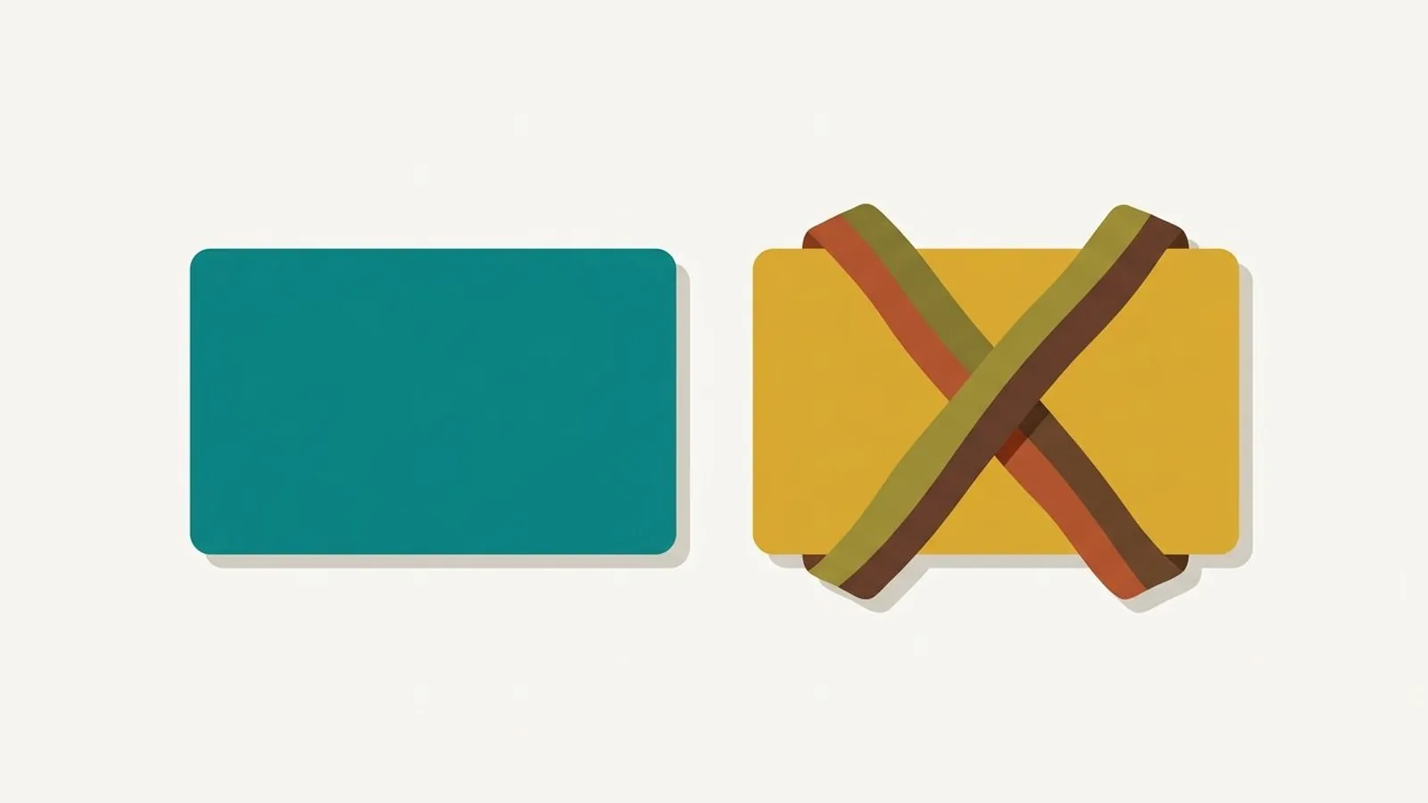 Flat editorial illustration of two fabric swatches, one crossed with a soft ribbon in rust, olive, mustard, chocolate and teal, for the guide Colors Deep Autumns Should Avoid (and What to Wear Instead)