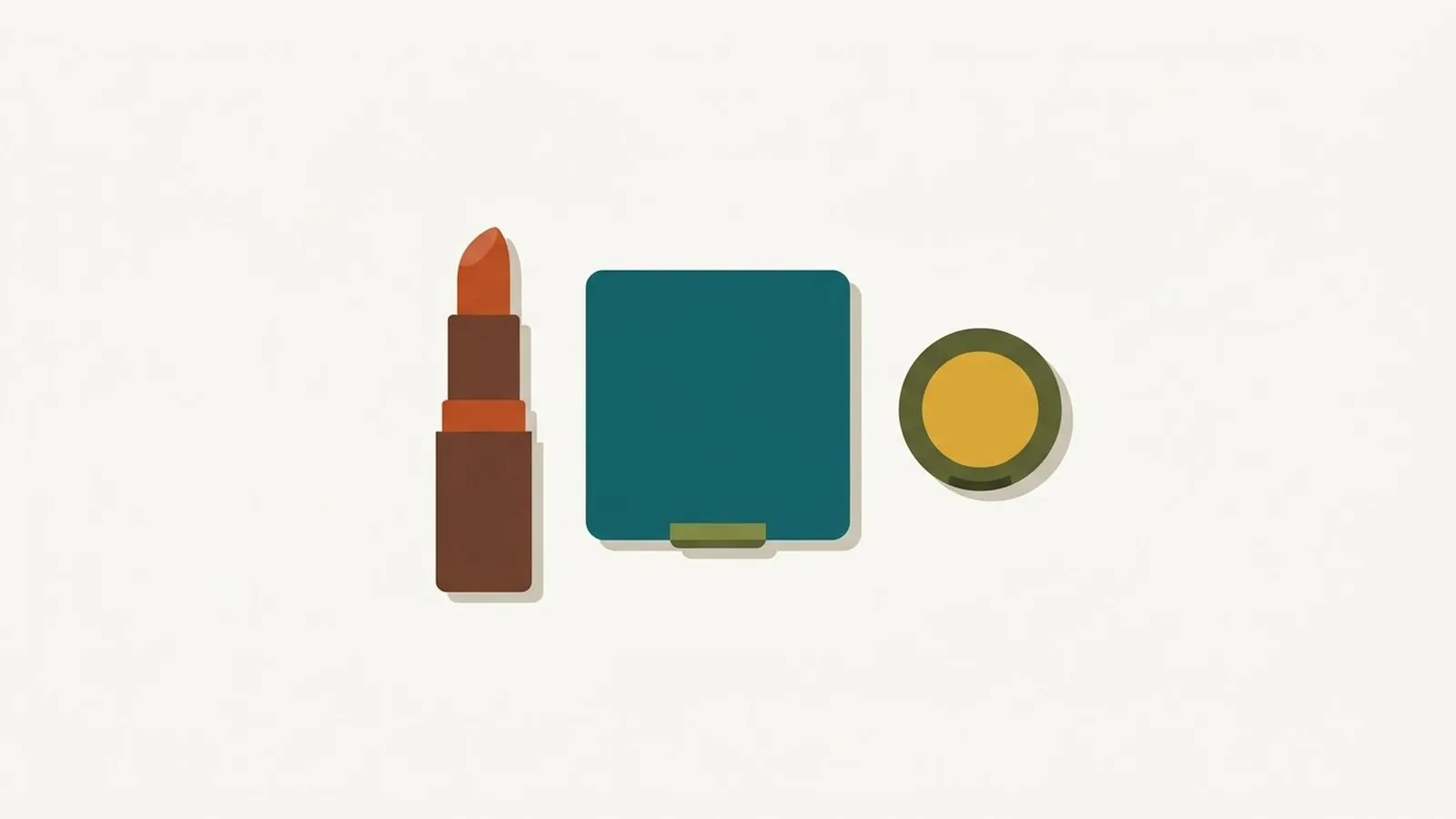 Flat editorial illustration of a lipstick, a blush compact and an eyeshadow pan in rust, olive, mustard, chocolate and teal, for the guide Deep Autumn Makeup Guide: Rich, Warm Shades for Your Skin Tone
