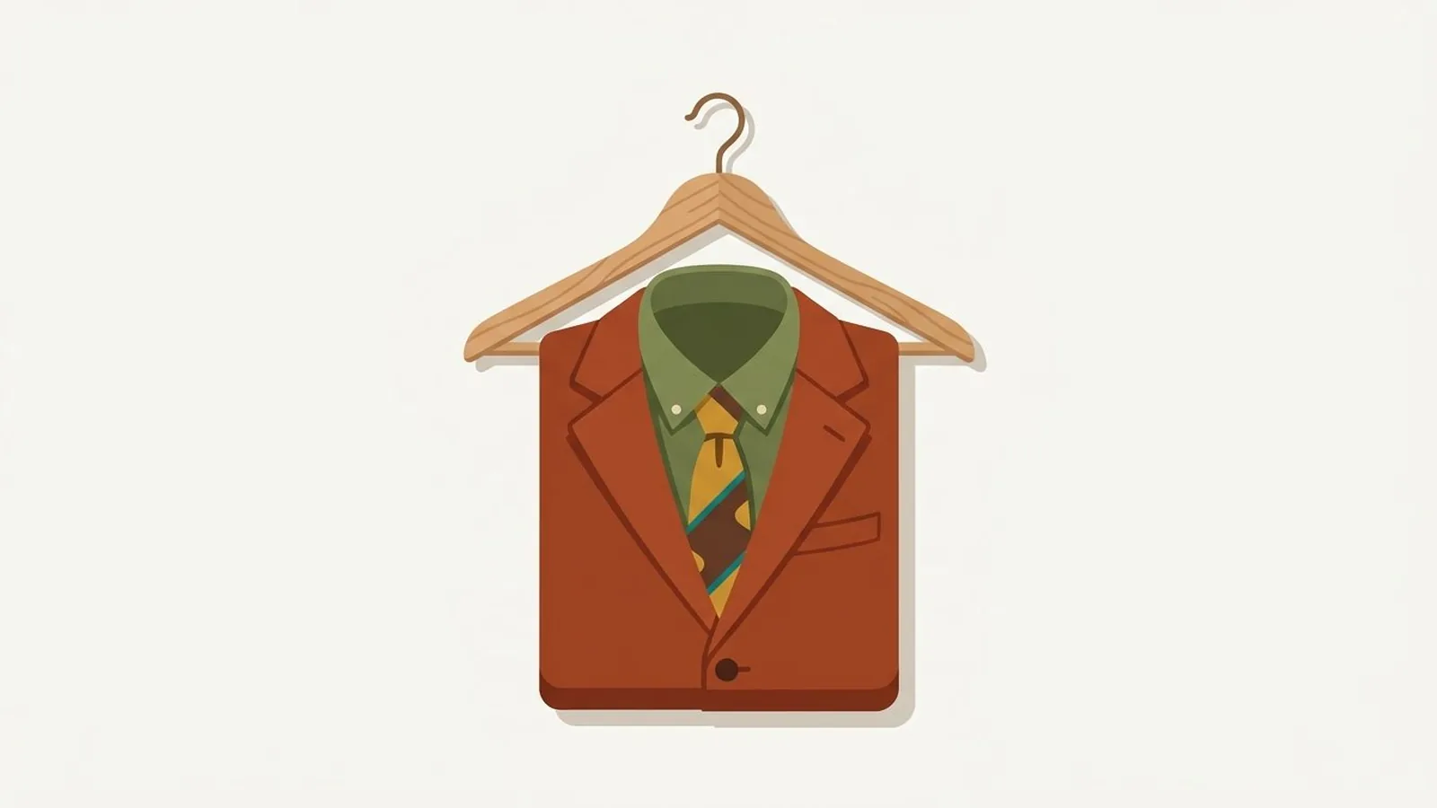 Flat editorial illustration of a folded suit jacket, shirt and tie on a wooden hanger in rust, olive, mustard, chocolate and teal, for the guide Deep Autumn Color Palette for Men: The Complete Style Guide