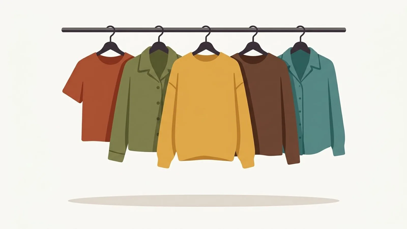 Flat editorial illustration of a hanging rail with five garments in rust, olive, mustard, chocolate and teal, for the guide Deep Autumn Outfit Ideas: How to Build a Wardrobe Around Your Palette