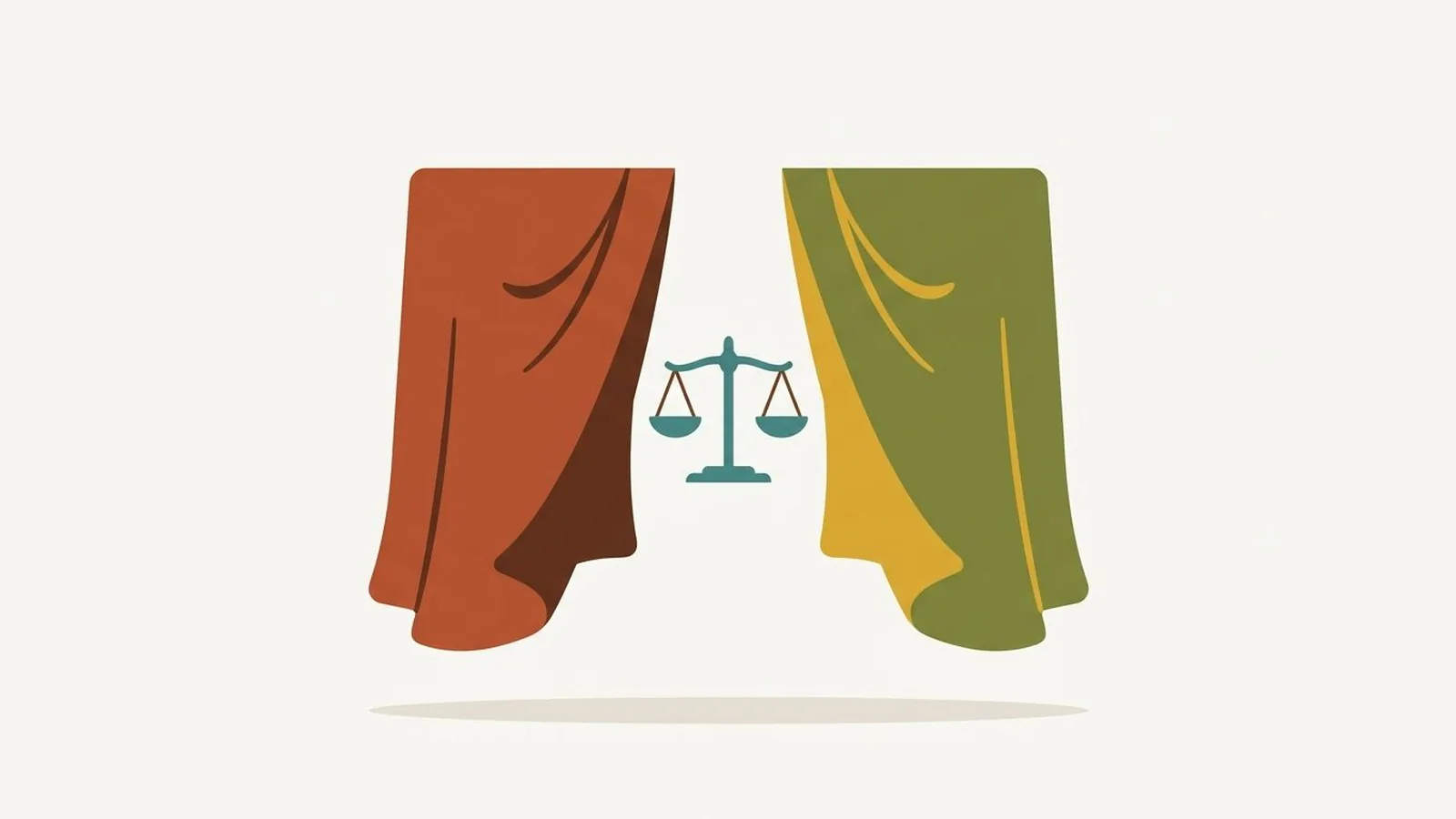 Flat editorial illustration of two fabric drapes side by side with a small balance scale in rust, olive, mustard, chocolate and teal, for the guide Deep Autumn vs Deep Winter: How to Tell Which Dark Season You Are