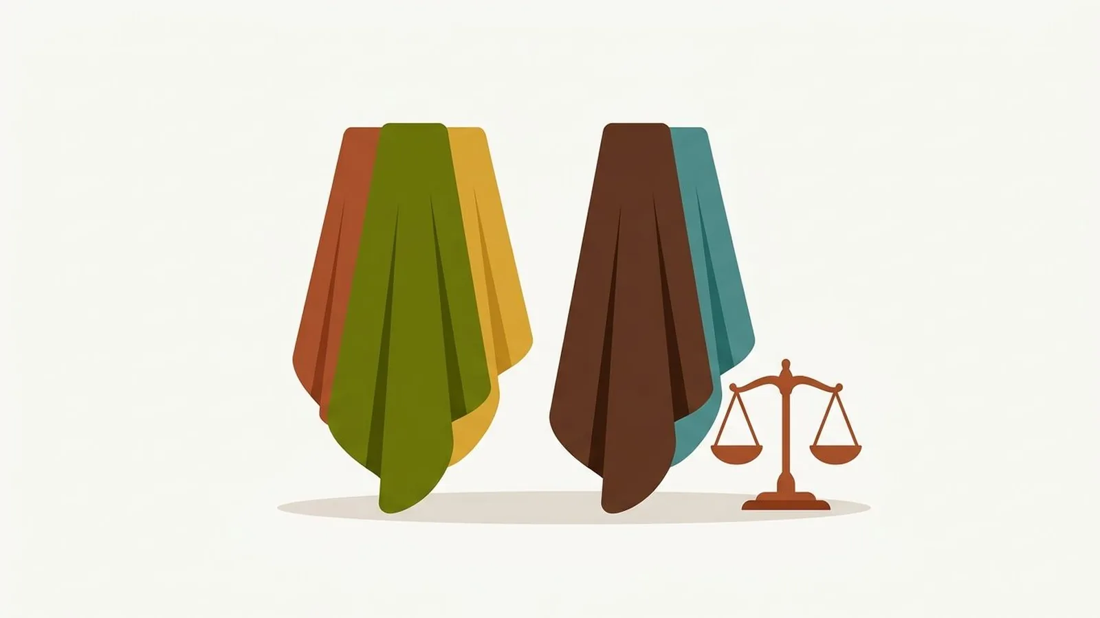 Flat editorial illustration of two fabric drapes side by side with a small balance scale in rust, olive, mustard, chocolate and teal, for the guide Deep Autumn or Warm Autumn? How to Finally Tell Them Apart