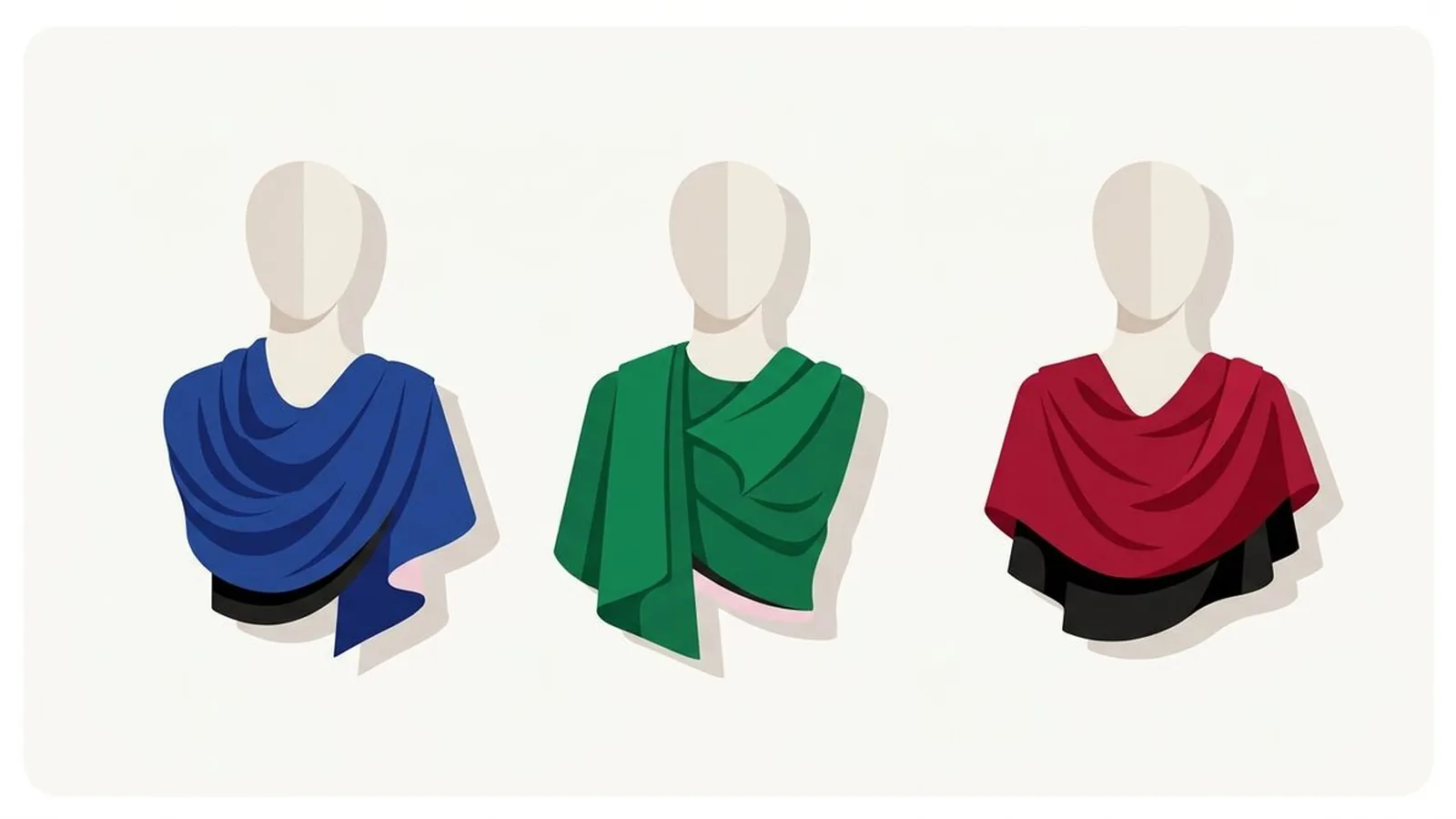 Flat editorial illustration of three faceless mannequin busts wearing draped fabric in sapphire, emerald, ruby, black and icy pink, for the guide Deep Winter Celebrities: 12 Examples
