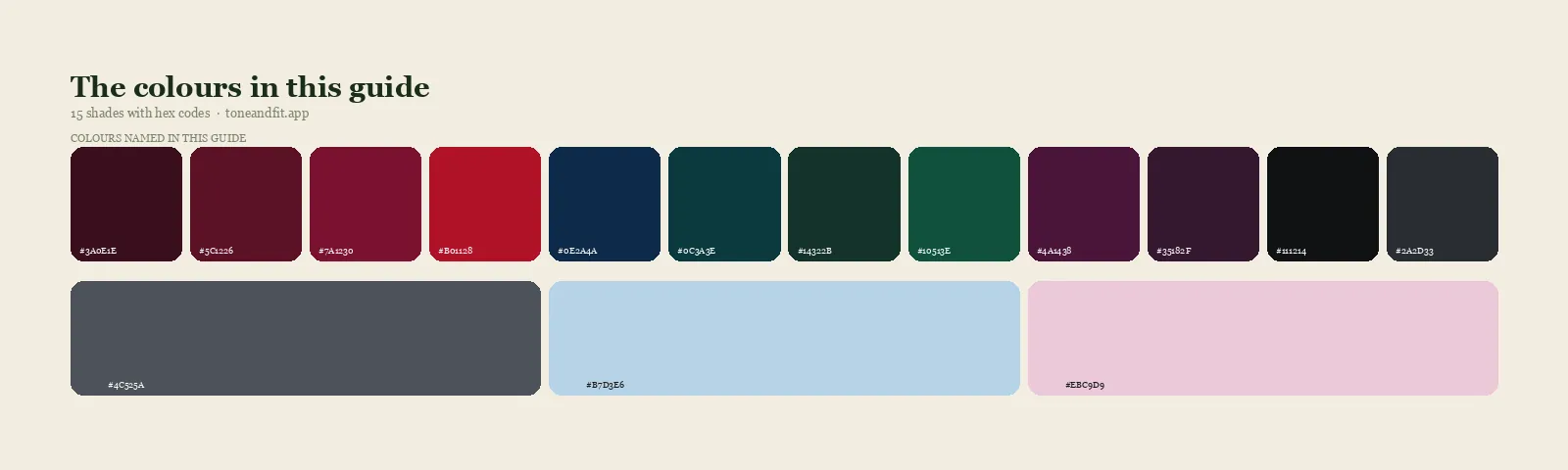 Swatch strip of the 15 colours named in this guide, with hex codes, starting with Black Cherry, Cool Burgundy, Garnet, True Red
