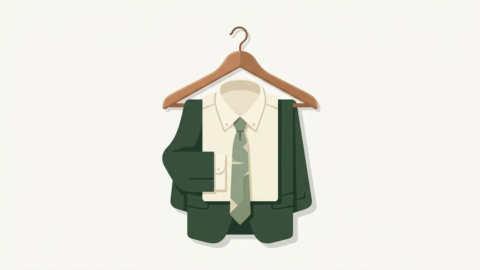 Flat editorial illustration of a folded suit jacket, shirt and tie on a wooden hanger in sapphire, emerald, ruby, black and icy pink, for the guide Deep Winter Men: Suit and Shirt Colors