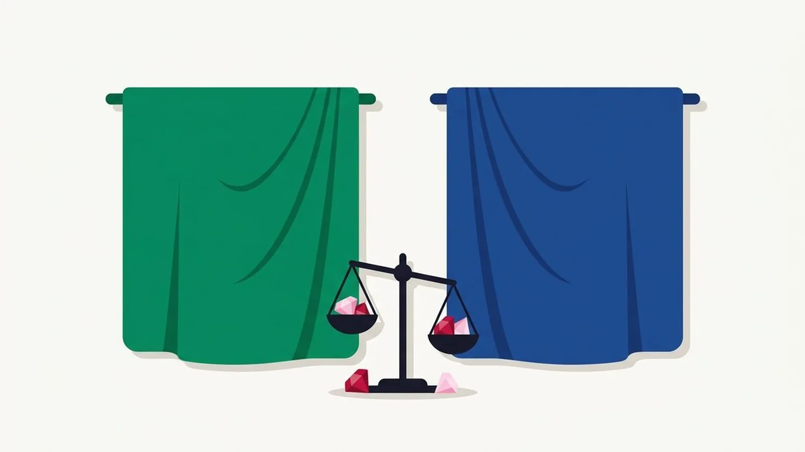 Flat editorial illustration of two fabric drapes side by side with a small balance scale in sapphire, emerald, ruby, black and icy pink, for the guide Deep Winter vs Deep Autumn: The Difference