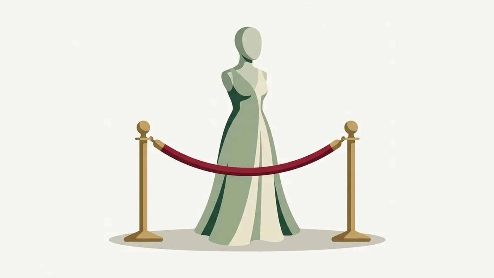 Flat editorial illustration of a red-carpet rope and a faceless mannequin bust in a gown in forest green, sage and cream, for the guide What Color Season Is Emma Stone? A Deep Dive