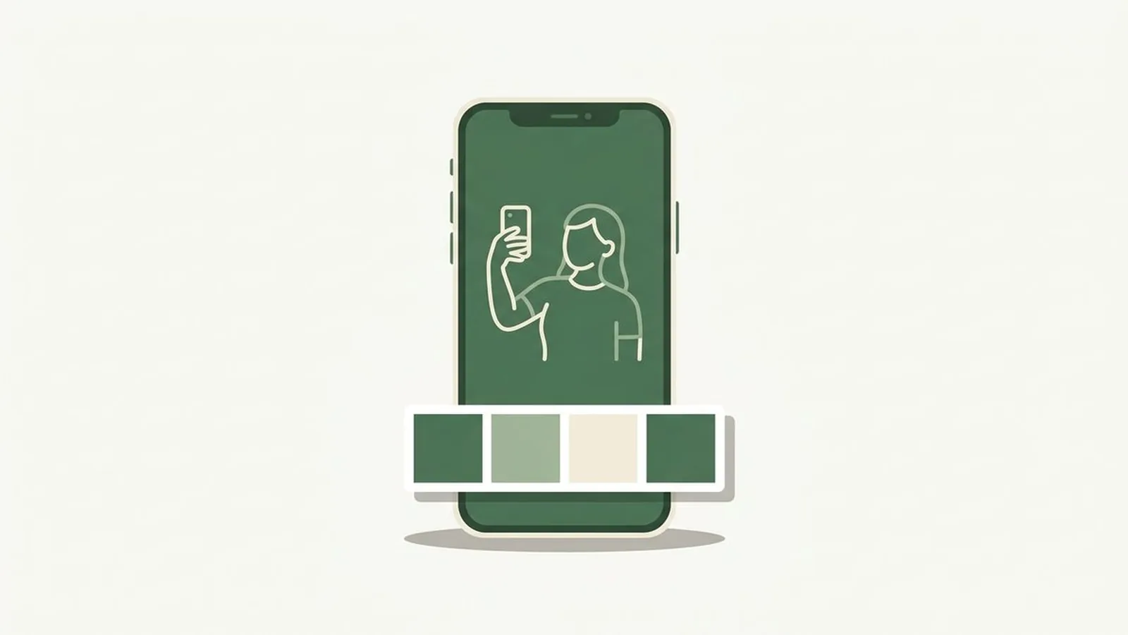 Flat editorial illustration of a smartphone with a selfie outline and colour chips in forest green, sage and cream, for the guide How Accurate Is AI Color Analysis?