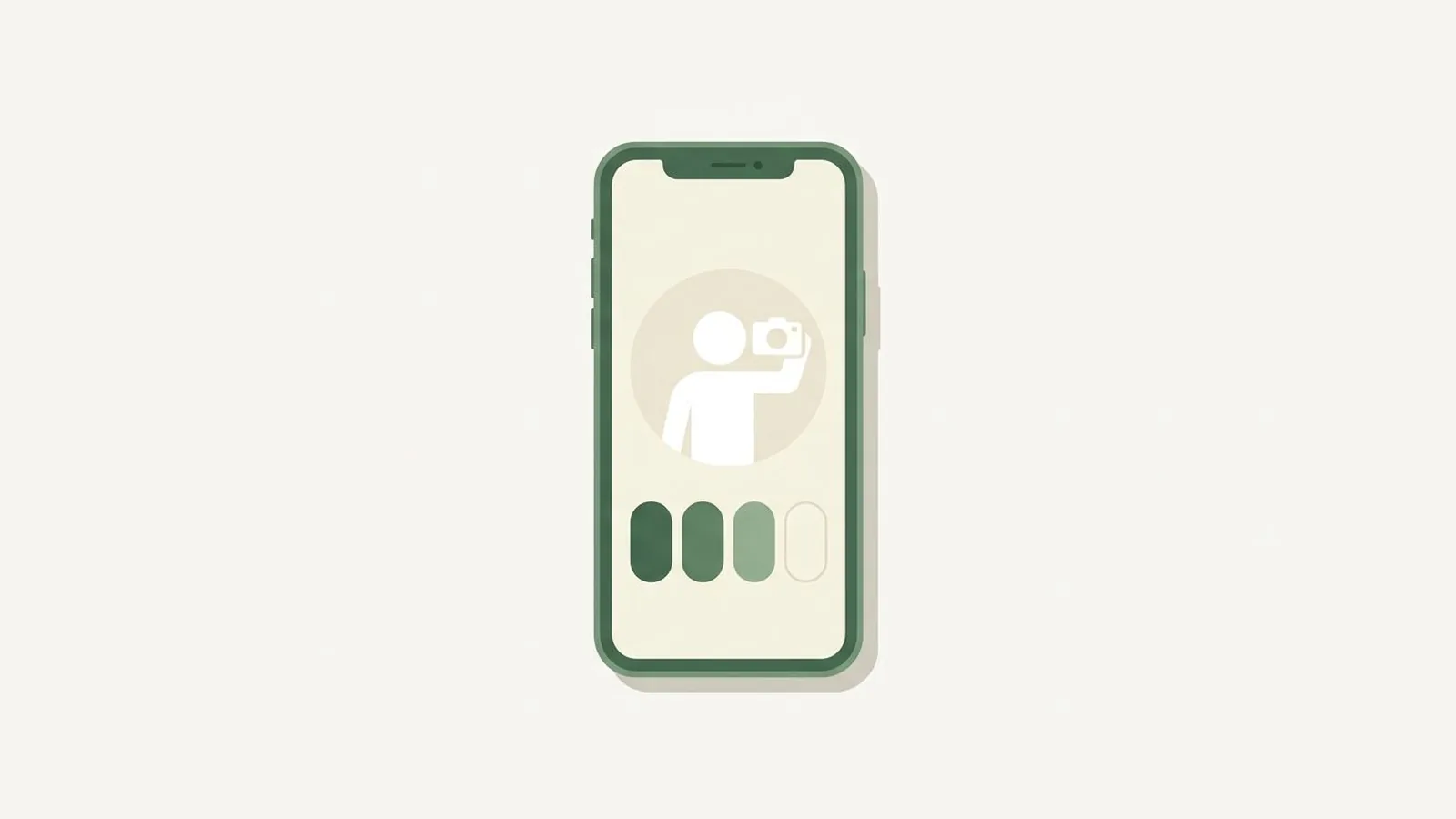 Flat editorial illustration of a smartphone with a selfie outline and colour chips in forest green, sage and cream, for the guide How AI Color Analysis Works: From Selfie to Season in 60 Seconds