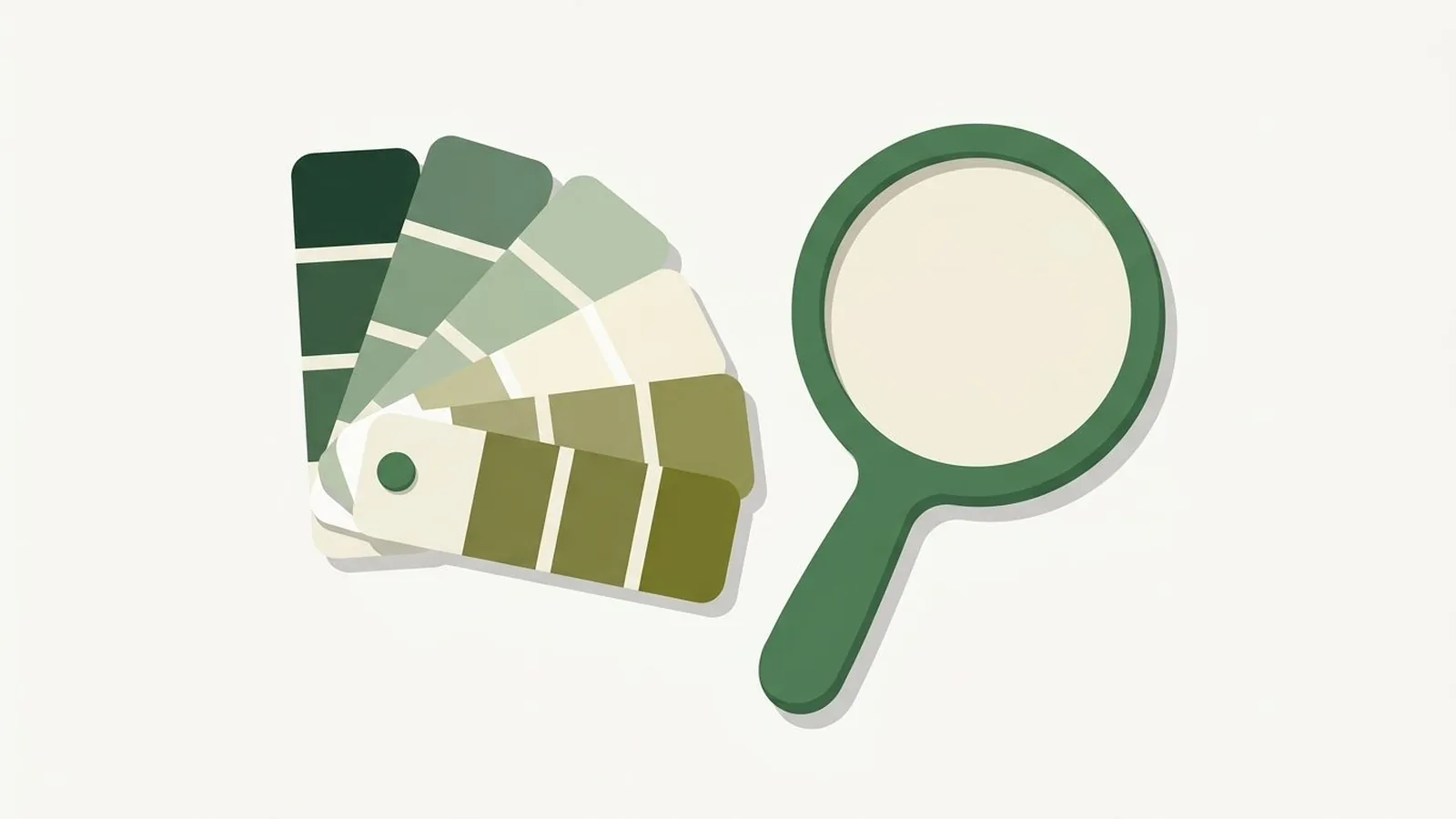 Flat editorial illustration of a paint swatch fan beside a hand mirror in forest green, sage and cream, for the guide How to Choose Colors That Photograph Well