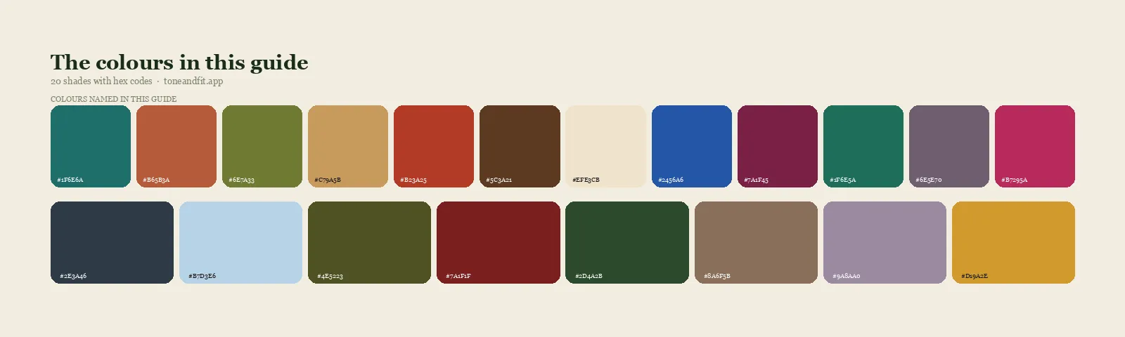 Swatch strip of the 20 colours named in this guide, with hex codes, starting with Teal, Terracotta, Moss Green, Camel