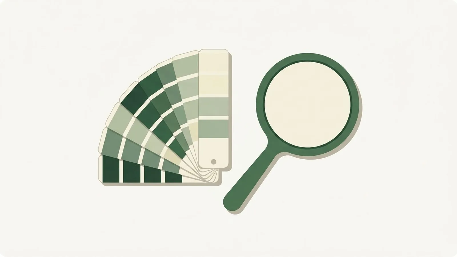 Flat editorial illustration of a paint swatch fan beside a hand mirror in forest green, sage and cream, for the guide How to Choose a Headshot Background Color