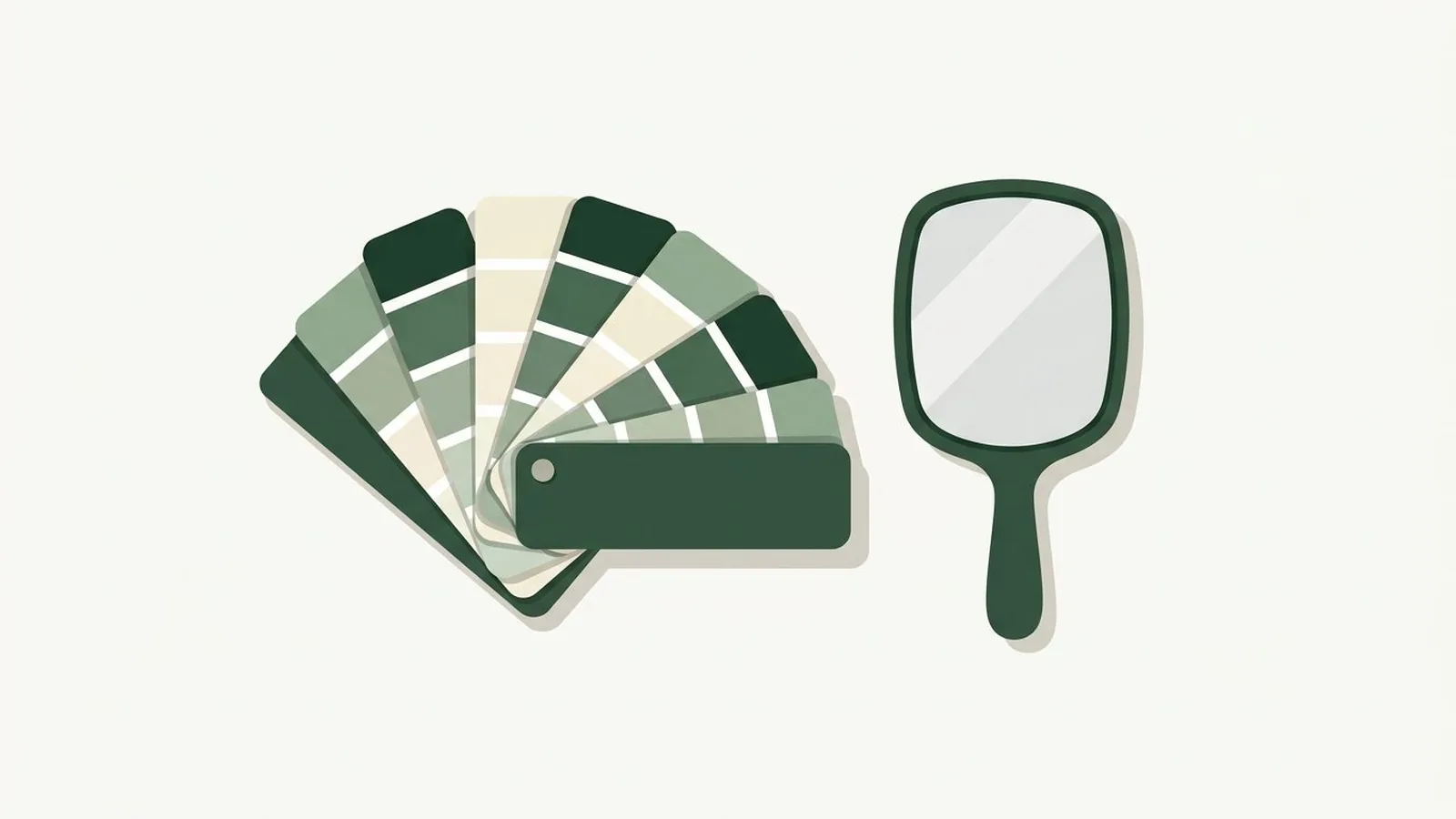 Flat editorial illustration of a paint swatch fan beside a hand mirror in forest green, sage and cream, for the guide How to Do a Color Analysis at Home: A Step-by-Step Guide