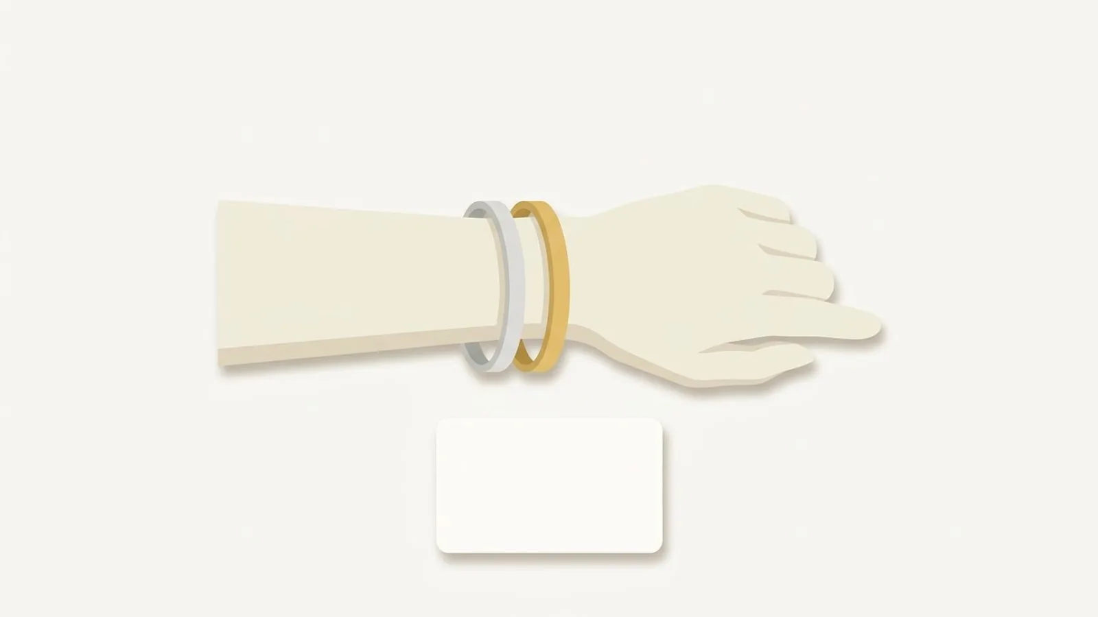 Flat editorial illustration of a wrist wearing a silver and a gold bangle beside a white card in forest green, sage and cream, for the guide How to Find Your Contrast Level: 3 Tests You Can Do Today
