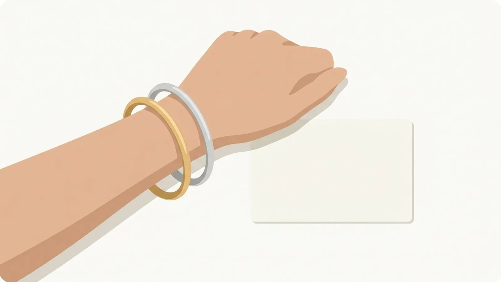 Flat editorial illustration of a wrist wearing a silver and a gold bangle beside a white card in forest green, sage and cream, for the guide How to Find Your Foundation Undertone (and Stop Buying the Wrong Shade)
