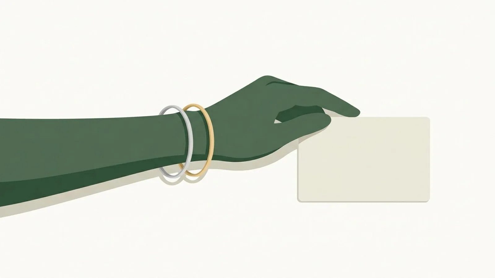 Flat editorial illustration of a wrist wearing a silver and a gold bangle beside a white card in forest green, sage and cream, for the guide How to Find Your Skin Undertone at Home: 5 Tests and a 2-Minute Checklist