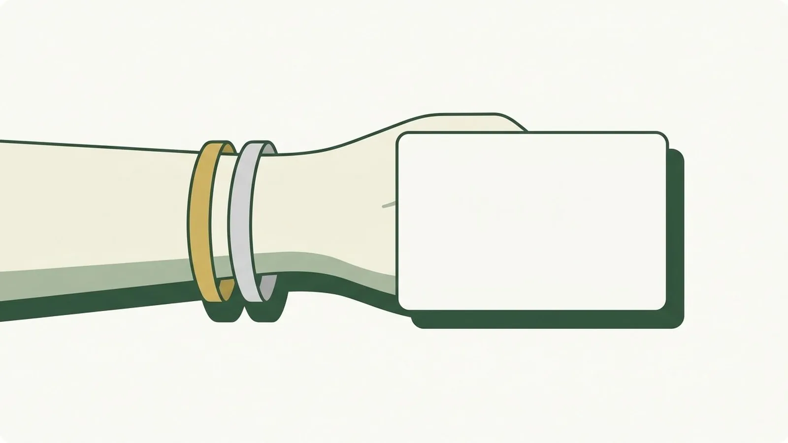Flat editorial illustration of a wrist wearing a silver and a gold bangle beside a white card in forest green, sage and cream, for the guide How to Pick Glasses for Your Skin Undertone