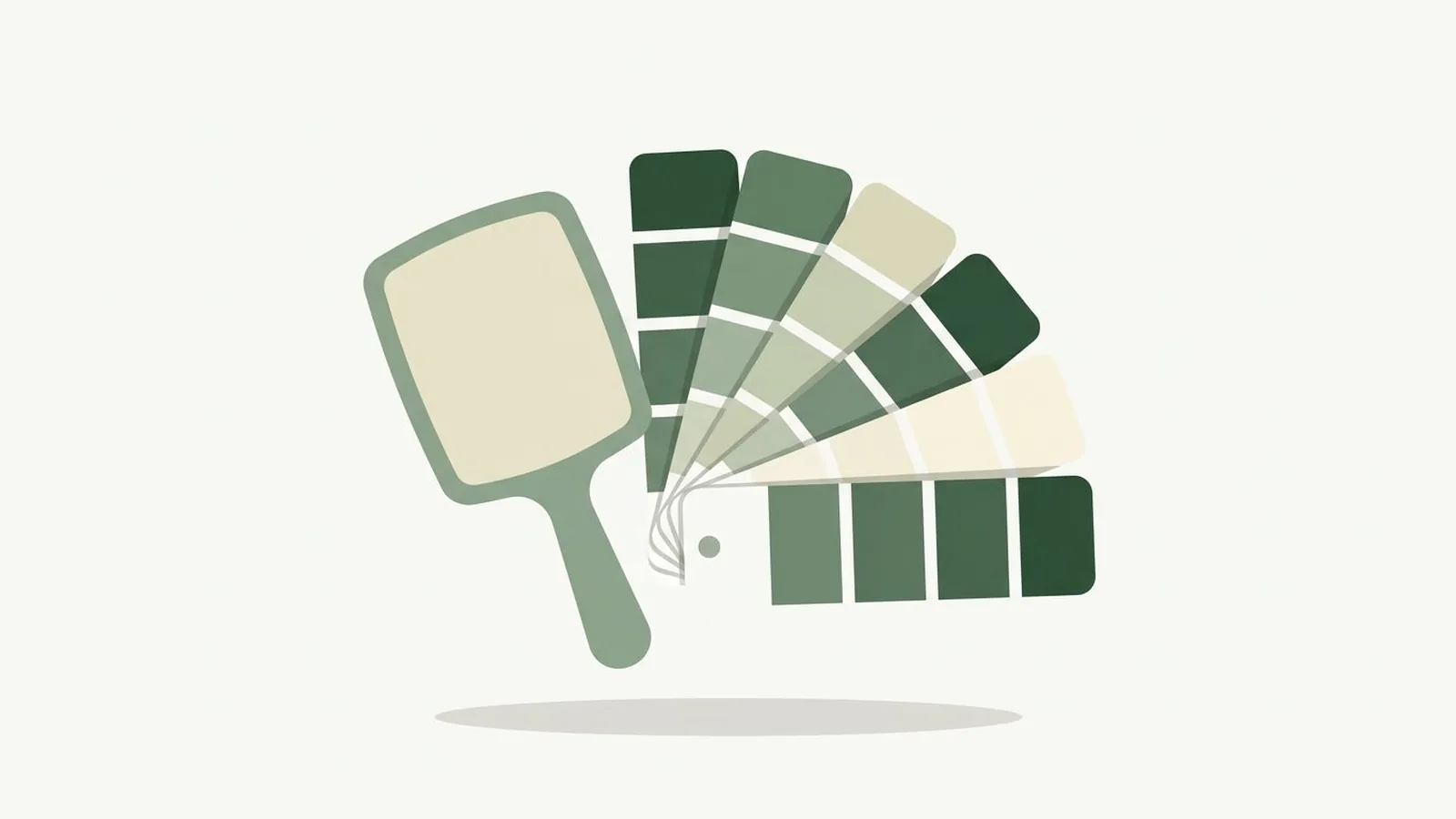 Flat editorial illustration of a paint swatch fan beside a hand mirror in forest green, sage and cream, for the guide How to Read Your Color Analysis Results