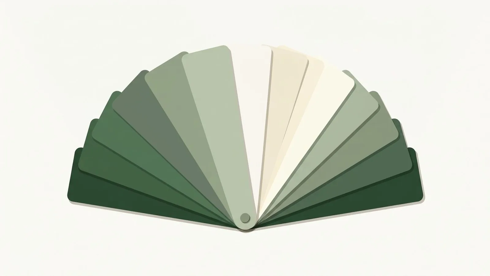 Flat editorial illustration of a fanned set of matte paint swatch cards in forest green, sage and cream, for the guide How to Shop Your Color Palette Without Losing Your Mind