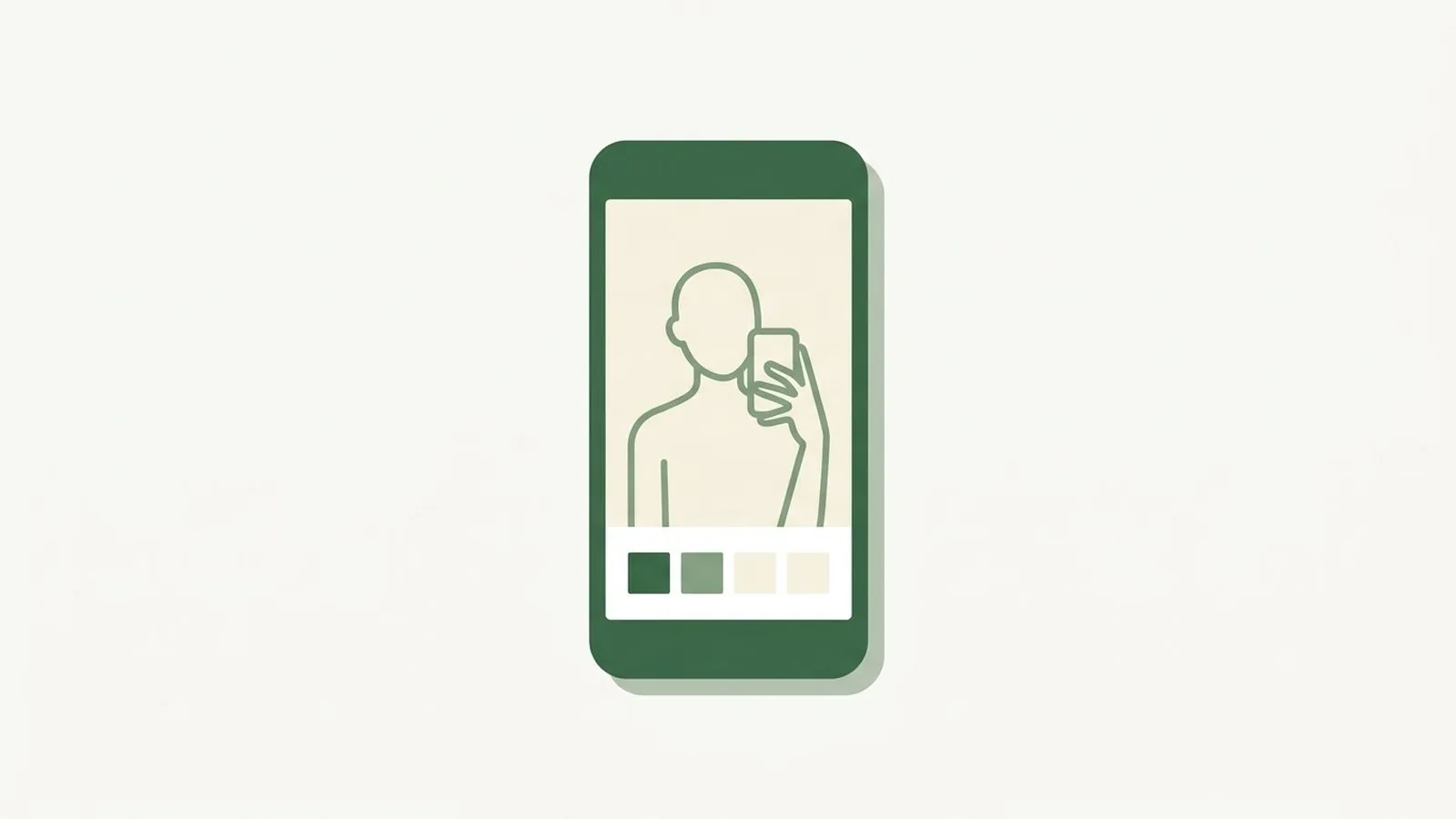 Flat editorial illustration of a smartphone with a selfie outline and colour chips in forest green, sage and cream, for the guide Is Color Analysis Real or Just a Trend? Here's What the Science Says