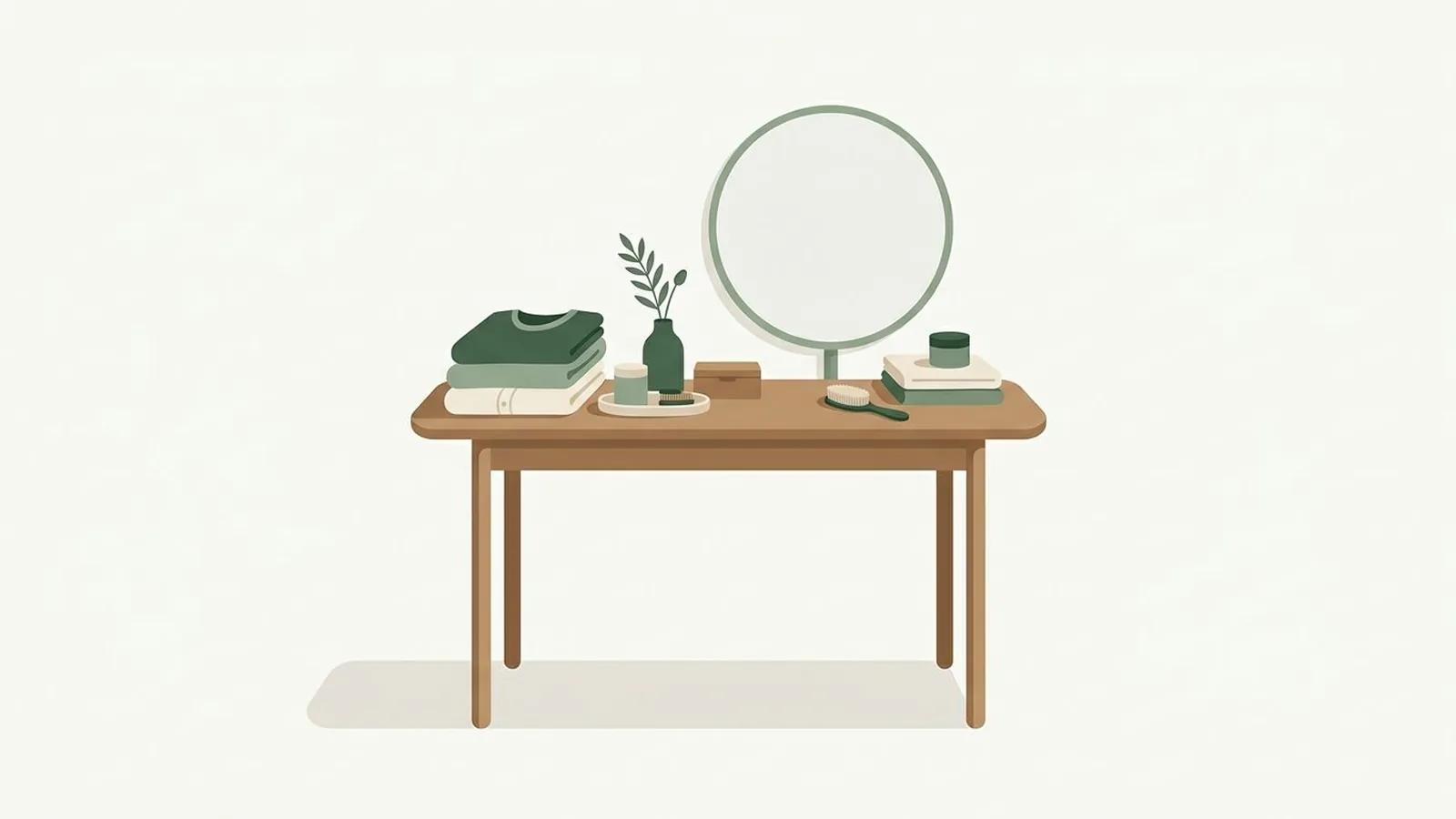 Flat editorial illustration of a minimalist vanity with tone-on-tone folded garments in forest green, sage and cream, for the guide Korean Color Analysis: The 4 Types, the Korean Skin Tone Chart and the Tone-on-Tone Technique